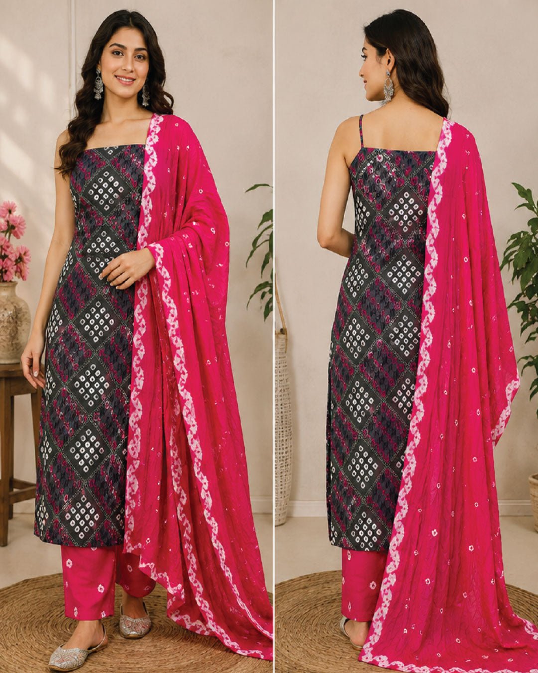 Premium Satin Cotton Colourful Lucknowi Work Contrast Bandhani Dress Unstitched - Avantika Clothing