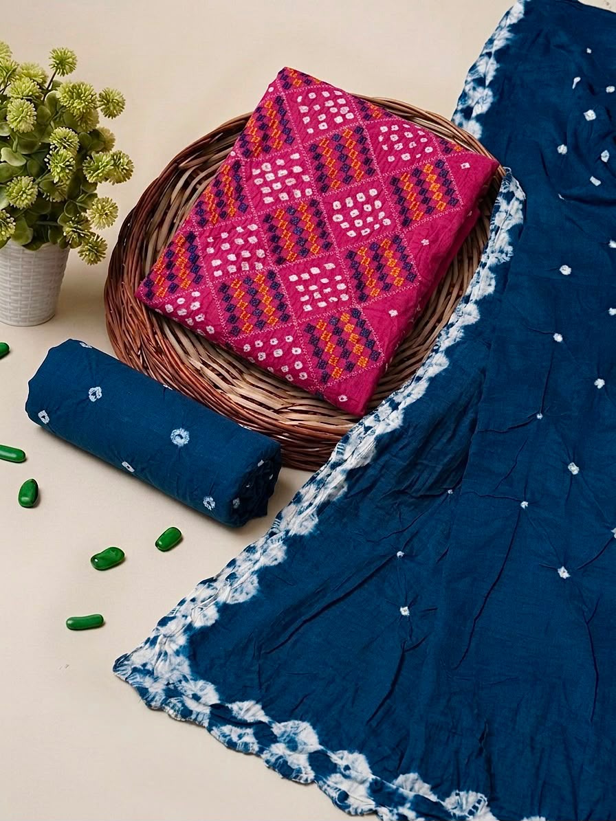 Premium Satin Cotton Colourful Lucknowi Work Contrast Bandhani Dress Unstitched - Avantika Clothing