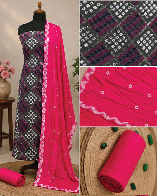 Premium Satin Cotton Colourful Lucknowi Work Contrast Bandhani Dress Unstitched - Avantika Clothing