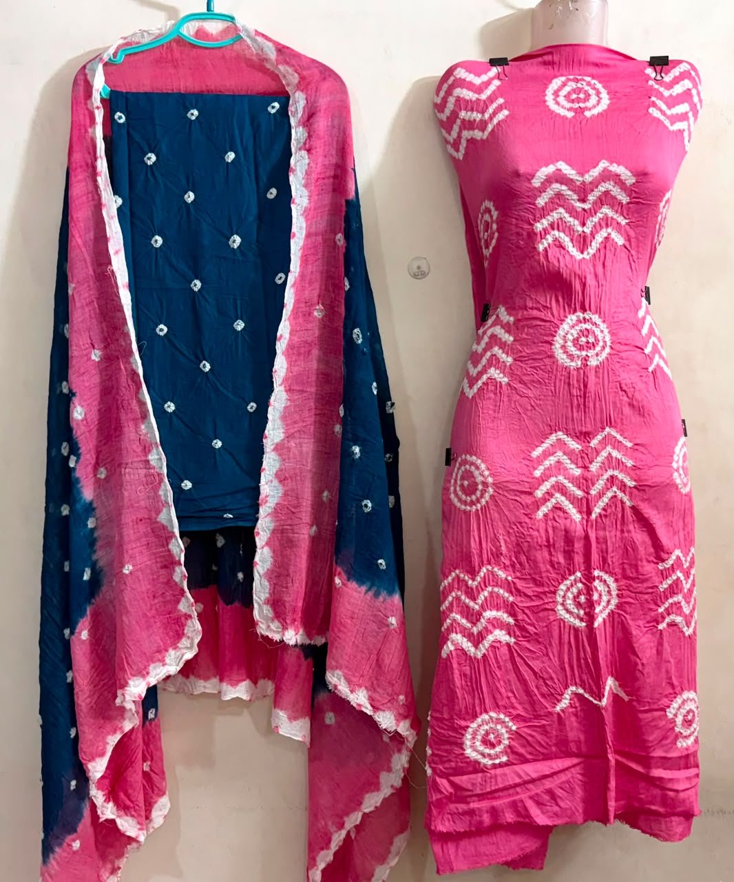 Premium Satin Cotton Fancy Contrast Colour Bandhani Dress Unstitched - Avantika Clothing