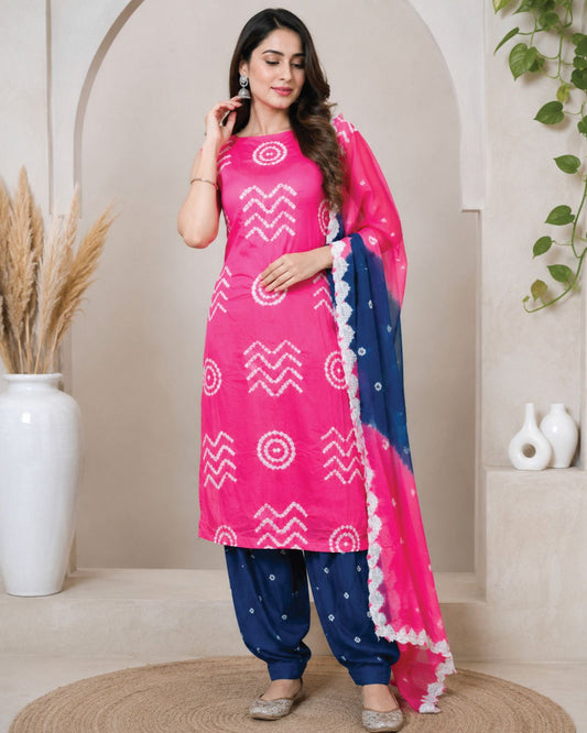 Premium Satin Cotton Fancy Contrast Colour Bandhani Dress Unstitched - Avantika Clothing