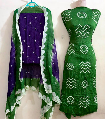 Premium Satin Cotton Fancy Contrast Colour Bandhani Dress Unstitched - Avantika Clothing
