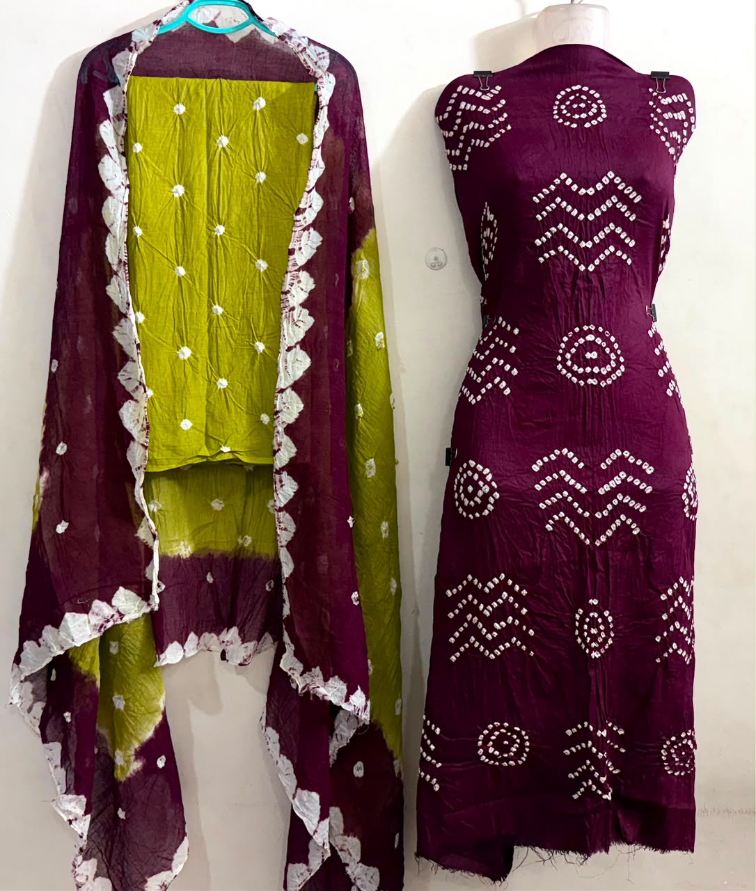 Premium Satin Cotton Fancy Contrast Colour Bandhani Dress Unstitched - Avantika Clothing