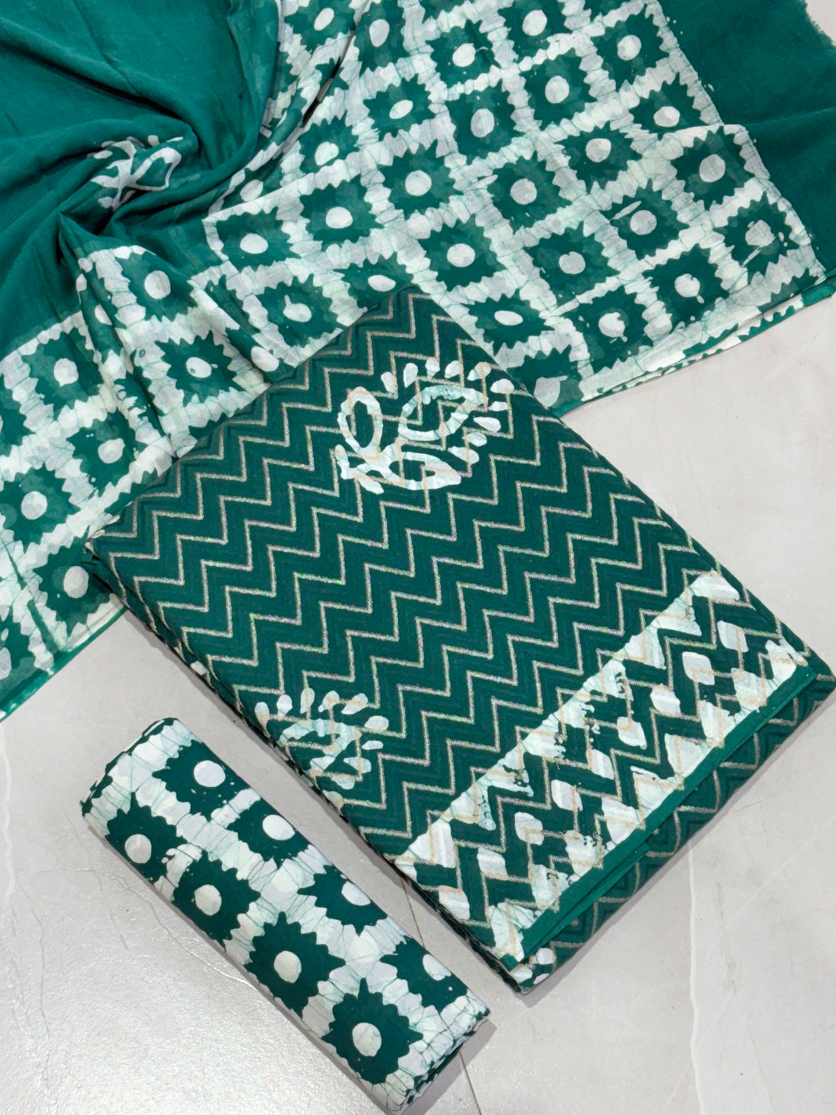 Pure Cotton Hand Block Wax Batik 3-Piece Unstitched Suit Set - Avantika Clothing