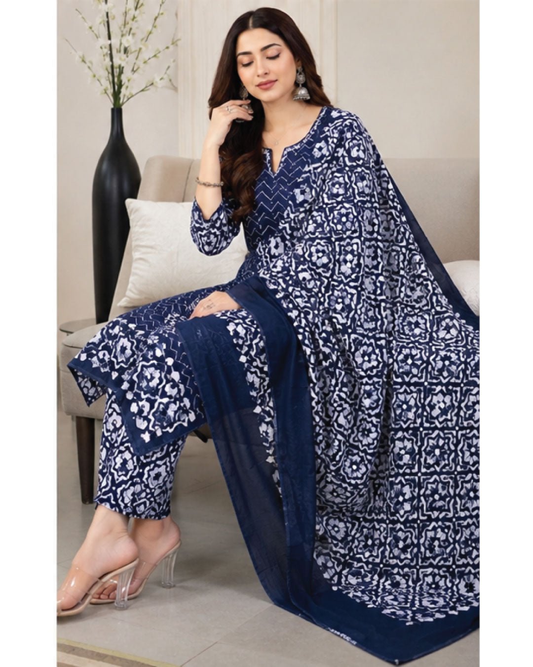 Pure Cotton Hand Block Wax Batik 3-Piece Unstitched Suit Set - Avantika Clothing