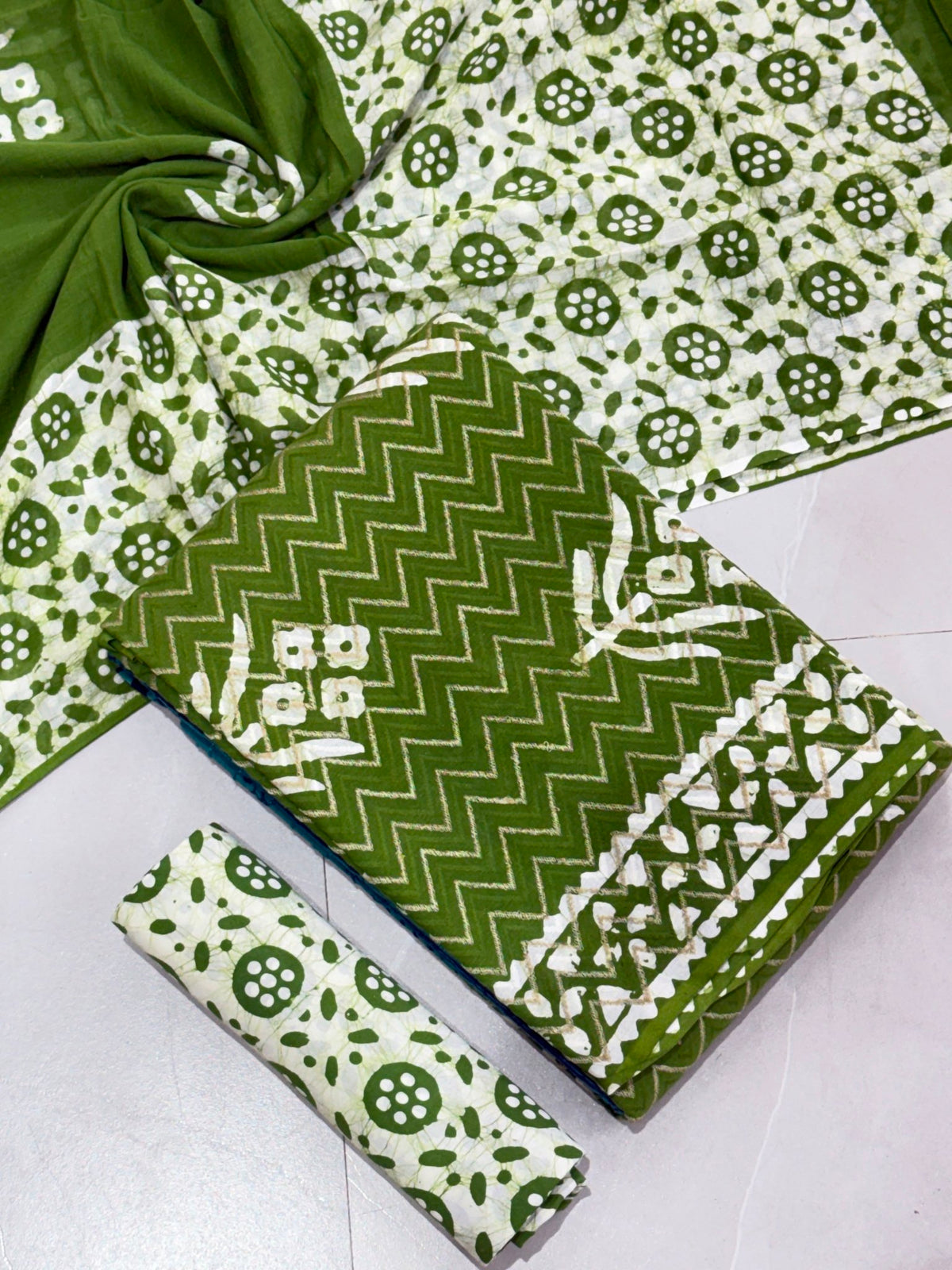 Pure Cotton Hand Block Wax Batik 3-Piece Unstitched Suit Set - Avantika Clothing