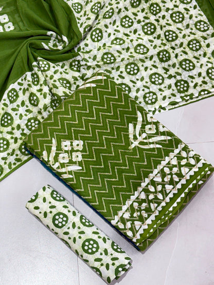 Pure Cotton Hand Block Wax Batik 3-Piece Unstitched Suit Set - Avantika Clothing
