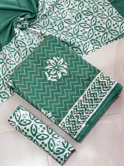 Pure Cotton Hand Block Wax Batik 3-Piece Unstitched Suit Set - Avantika Clothing