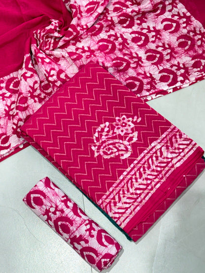 Pure Cotton Hand Block Wax Batik 3-Piece Unstitched Suit Set - Avantika Clothing