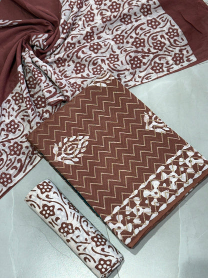 Pure Cotton Hand Block Wax Batik 3-Piece Unstitched Suit Set - Avantika Clothing