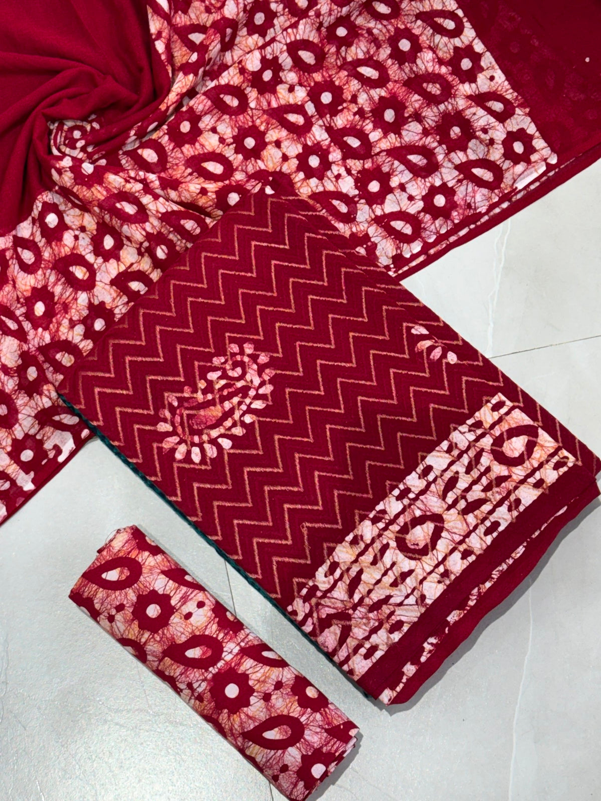 Pure Cotton Hand Block Wax Batik 3-Piece Unstitched Suit Set - Avantika Clothing