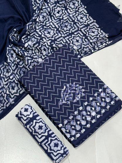 Pure Cotton Hand Block Wax Batik 3-Piece Unstitched Suit Set - Avantika Clothing