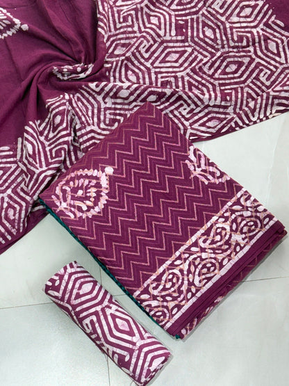 Pure Cotton Hand Block Wax Batik 3-Piece Unstitched Suit Set - Avantika Clothing