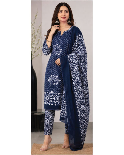 Pure Cotton Hand Block Wax Batik 3-Piece Unstitched Suit Set - Avantika Clothing