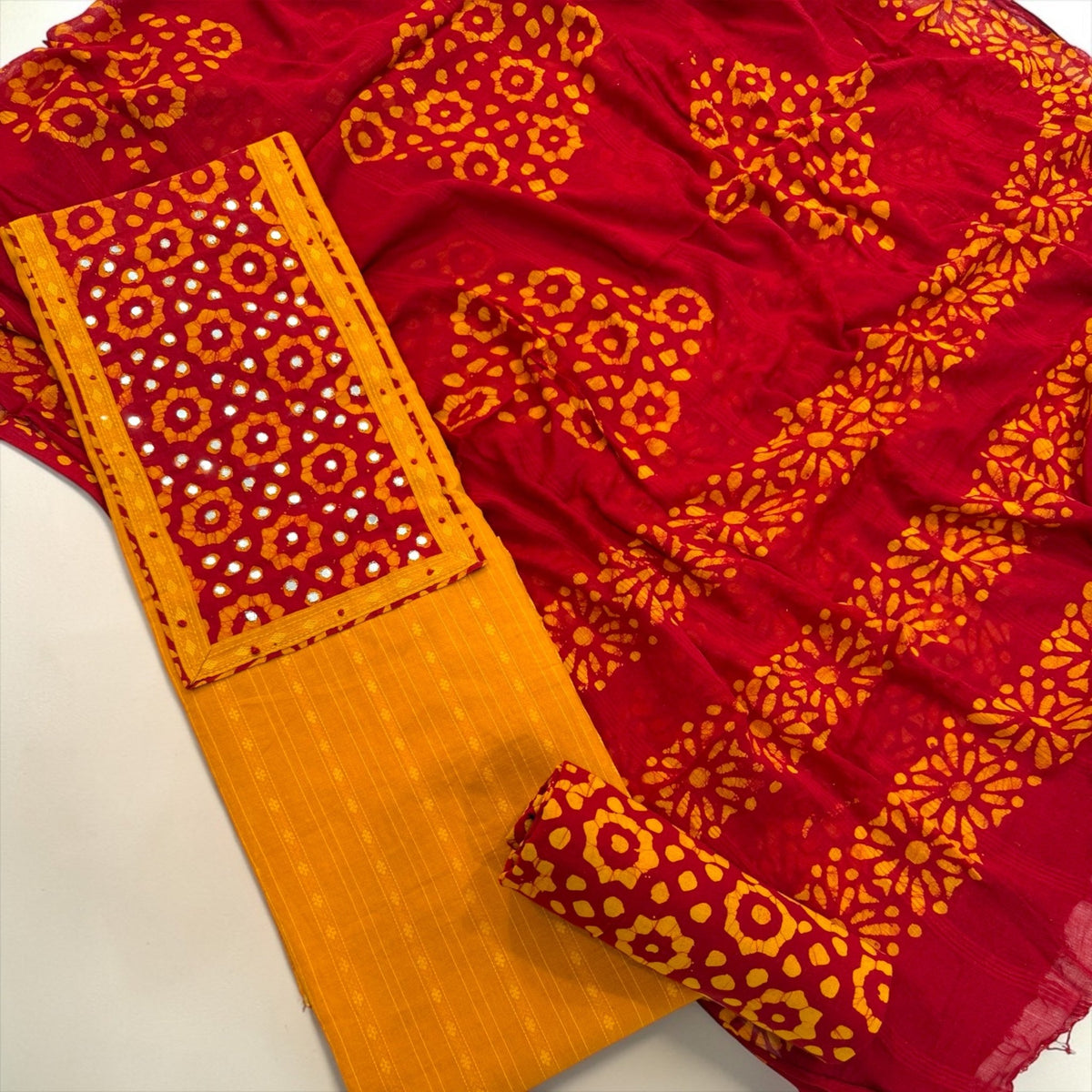 Ruby Marigold Katha Batik Cotton Unstitched Suit Set - Avantika Clothing
