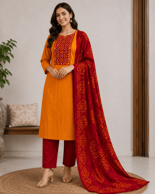 Ruby Marigold Katha Batik Cotton Unstitched Suit Set - Avantika Clothing