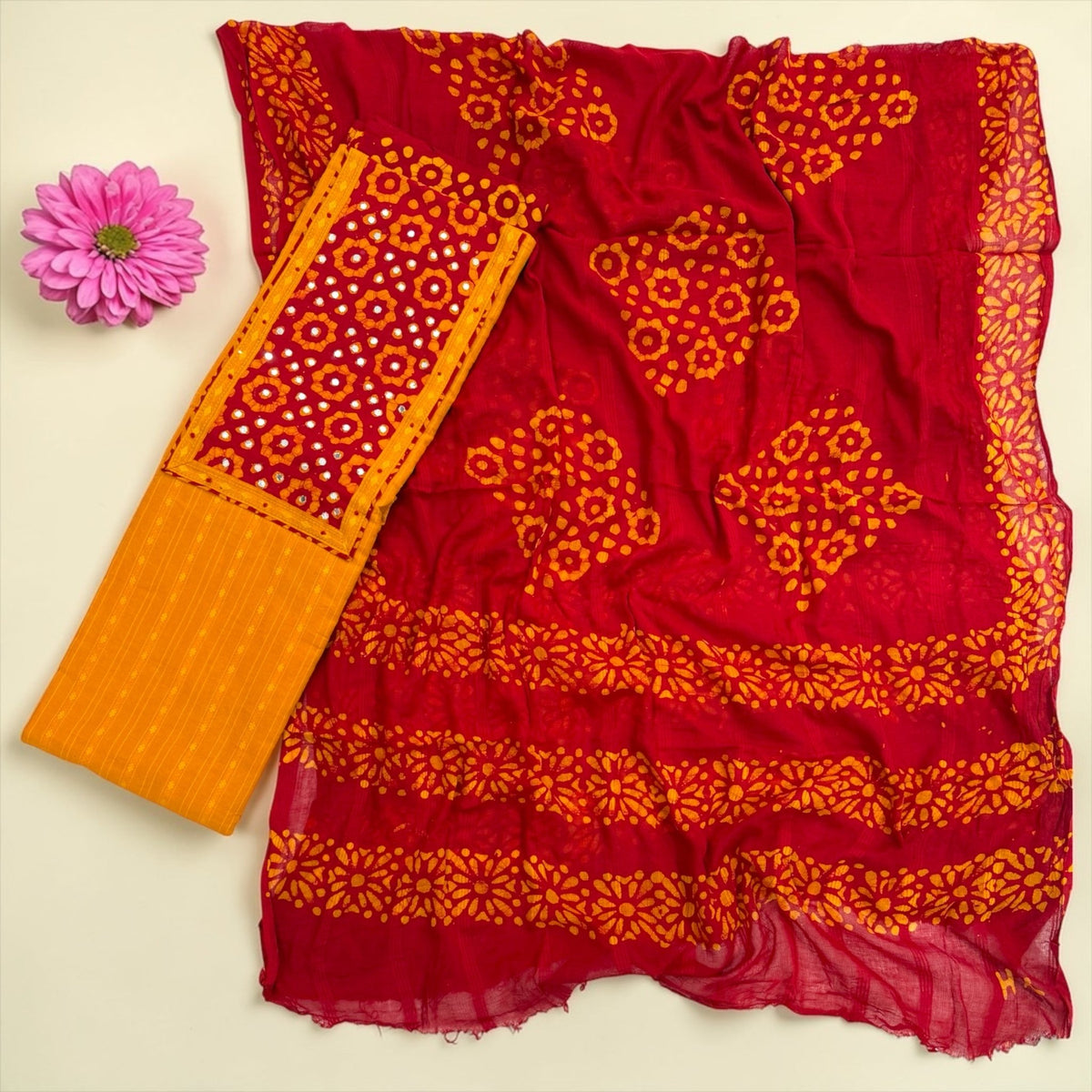 Ruby Marigold Katha Batik Cotton Unstitched Suit Set - Avantika Clothing