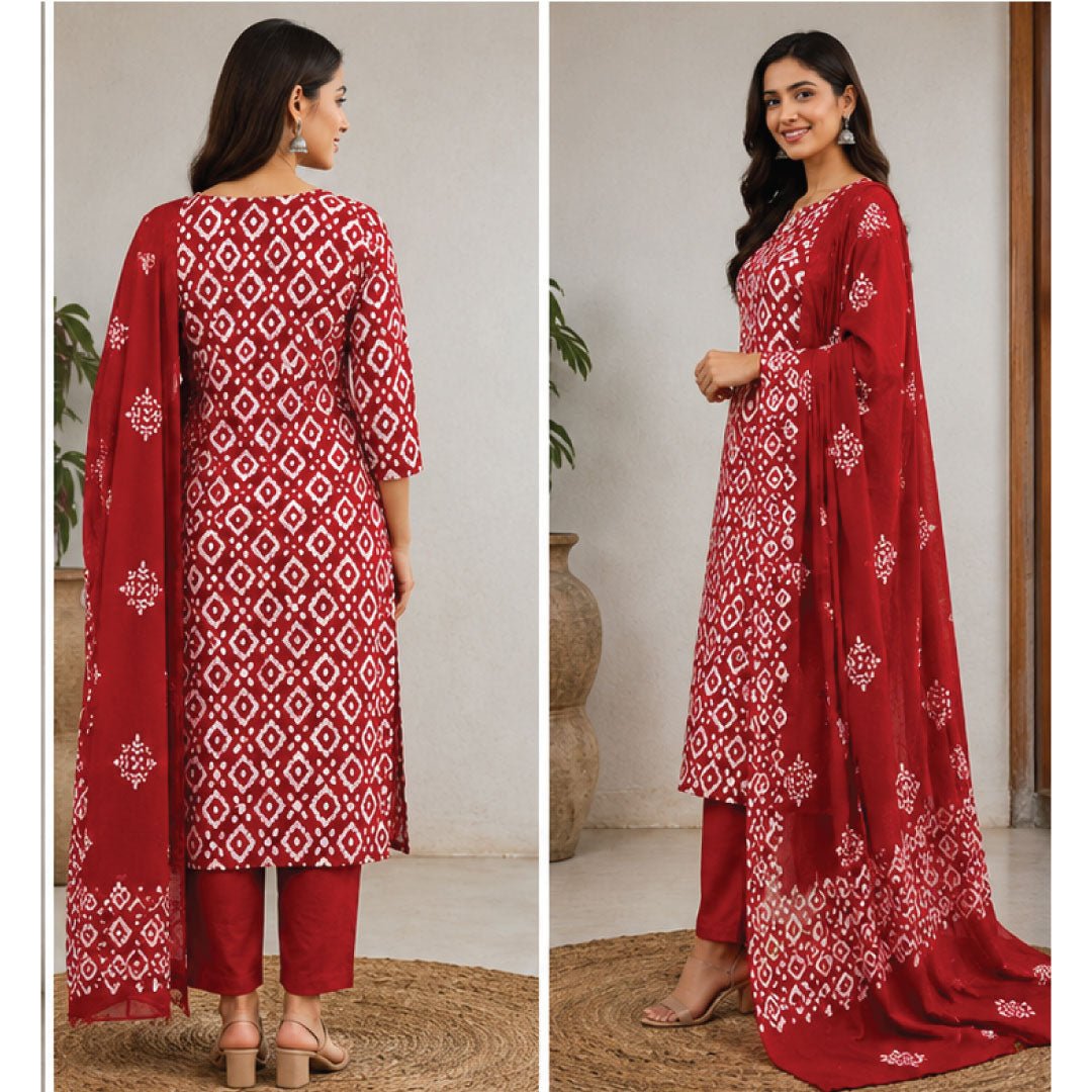 Ruby Red Hand Block Print Cotton Unstitched Suit Set - Avantika Clothing