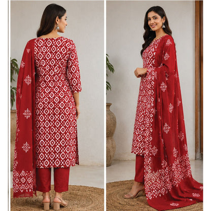 Ruby Red Hand Block Print Cotton Unstitched Suit Set - Avantika Clothing