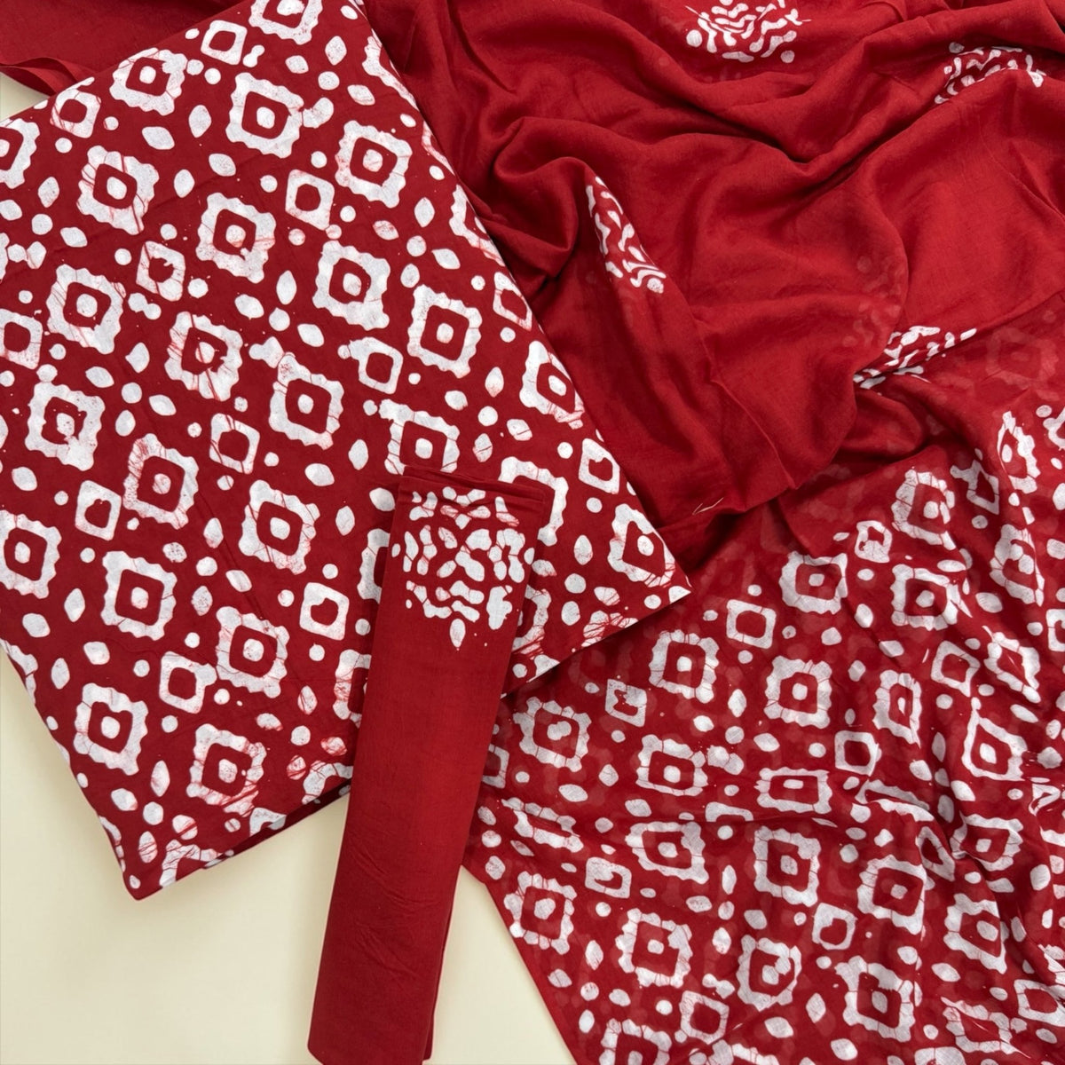Ruby Red Hand Block Print Cotton Unstitched Suit Set - Avantika Clothing