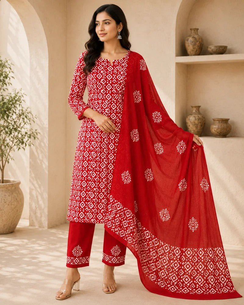 Ruby Red Hand Block Print Cotton Unstitched Suit Set - Avantika Clothing