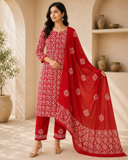 Ruby Red Hand Block Print Cotton Unstitched Suit Set - Avantika Clothing