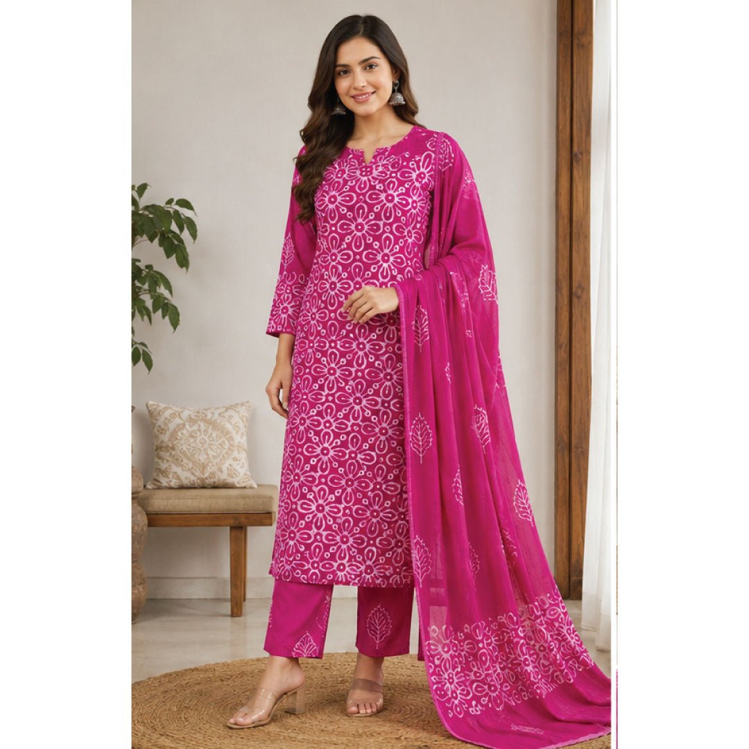 Rust Brown Hand Block Batik Printed Cotton Unstitched Suit Set - Avantika Clothing