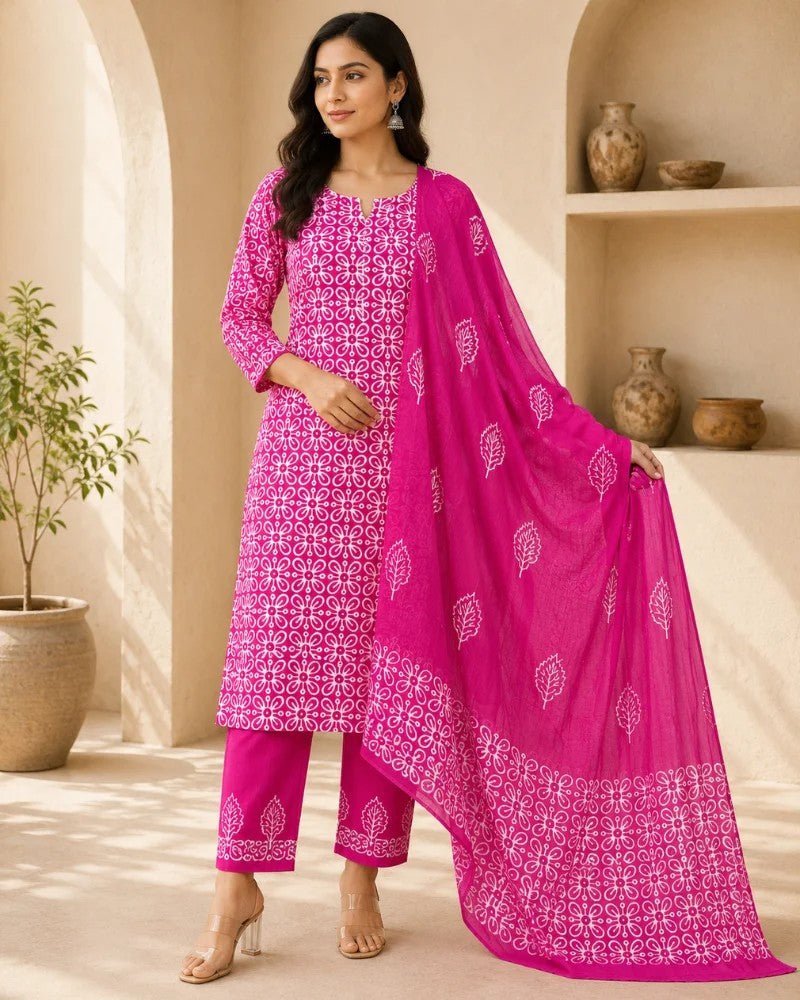 Rust Brown Hand Block Batik Printed Cotton Unstitched Suit Set - Avantika Clothing