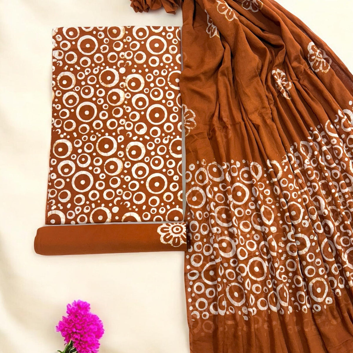 Rust Brown Hand Block Batik Printed Cotton Unstitched Suit Set - Avantika Clothing