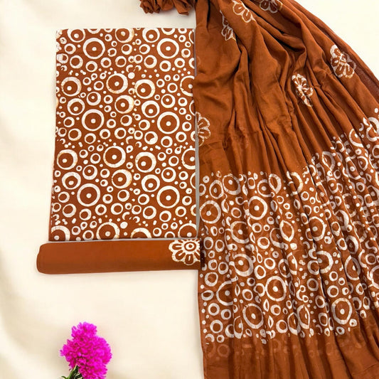 Rust Brown Hand Block Batik Printed Cotton Unstitched Suit Set - Avantika Clothing
