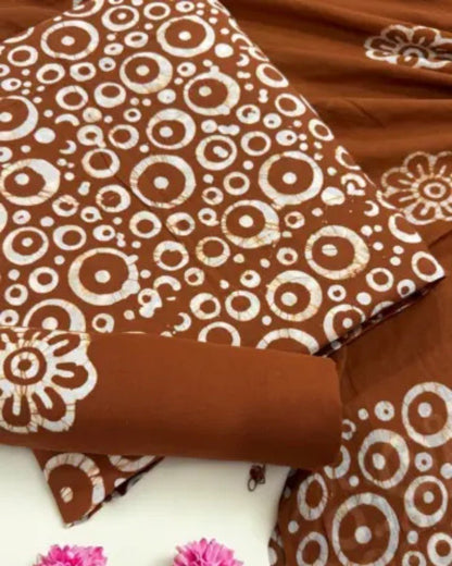 Rust Brown Hand Block Batik Printed Cotton Unstitched Suit Set - Avantika Clothing