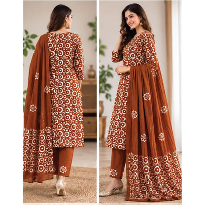 Rust Brown Hand Block Batik Printed Cotton Unstitched Suit Set - Avantika Clothing