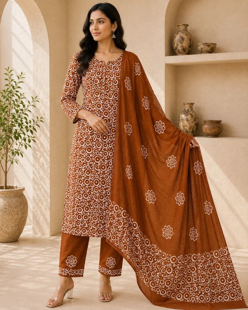 Rust Brown Hand Block Batik Printed Cotton Unstitched Suit Set - Avantika Clothing