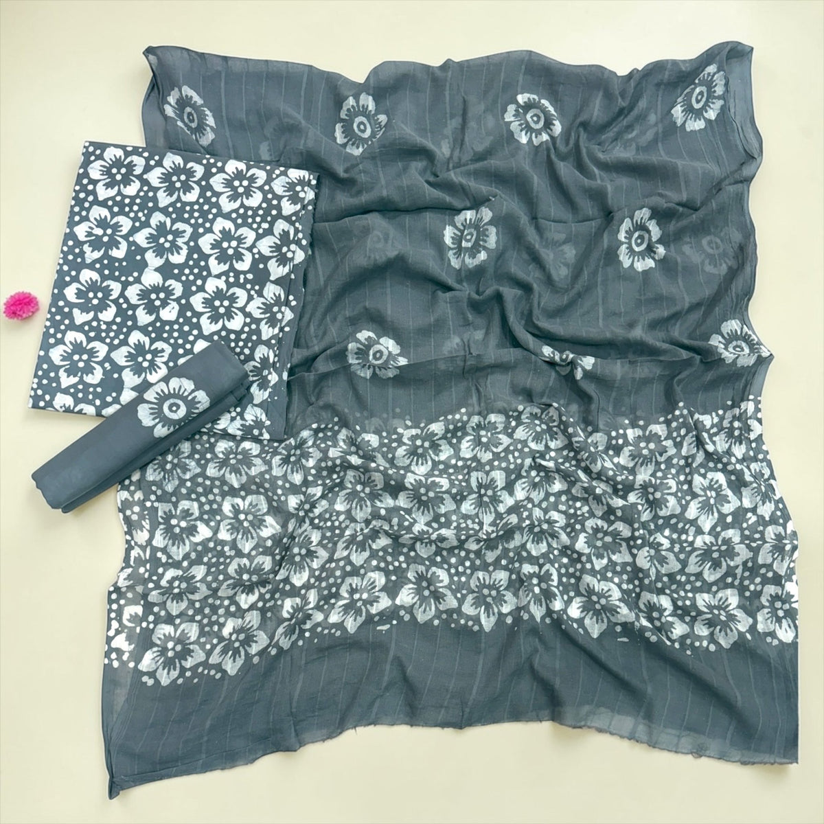 Slate Grey Floral Hand Block Print Cotton Unstitched Suit Set - Avantika Clothing