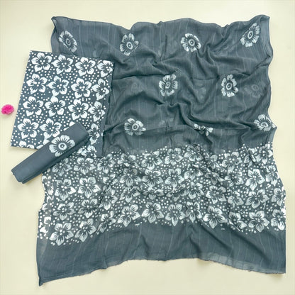 Slate Grey Floral Hand Block Print Cotton Unstitched Suit Set - Avantika Clothing