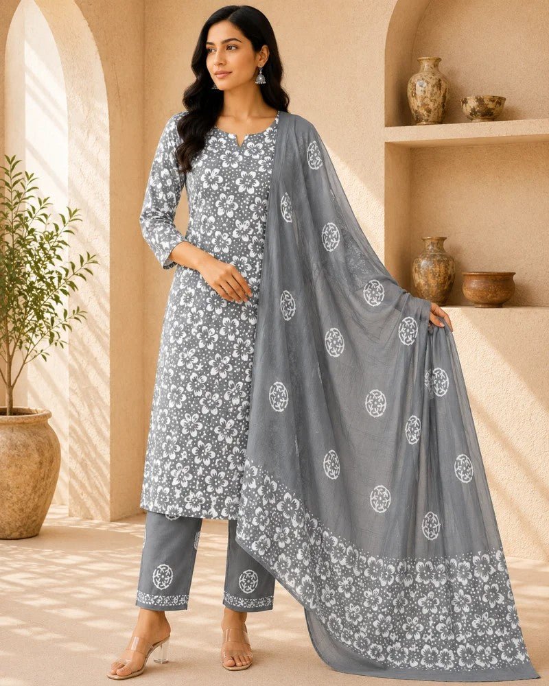 Slate Grey Floral Hand Block Print Cotton Unstitched Suit Set - Avantika Clothing
