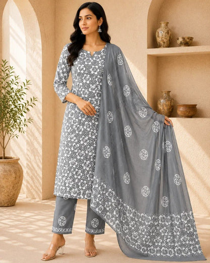 Slate Grey Floral Hand Block Print Cotton Unstitched Suit Set - Avantika Clothing