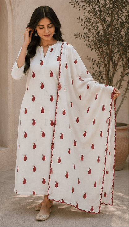 White Rayon Suit with Rayon Dupatta Unstitched - Avantika Clothing